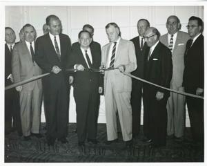 John Brademas, Carl Albert, Michael Kirwan, and Hugh Carey at a ribbon cutting ceremony., 1950-01-01 - 1976-12-31