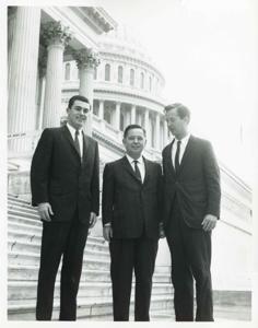 Carl Albert posing with Jed Johnson, Jr., and another man on the steps of the Capitol., 1950-01-01 - 1976-12-31