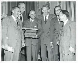 Toby Morris, Robert S. Kerr, A. S. Mike Monroney, Carl Albert, and two other men standing together., 1963-01-01