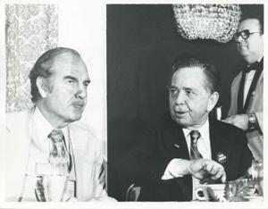 George S. McGovern and Carl Albert sitting together at the 1976 Democratic National Convention., 1976-07-12