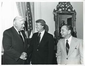Jimmy Carter shaking hands with Thomas P. O&#39;Neill as Carl Albert looks on. Also O&#39;Neill shaking hands with Albert while Carter looks on. June 24, 1976, 1976-06-24