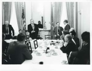 Carl Albert, Thomas P. O&#39;Neill, Robert Strauss, Russell B. Long, and several other men at a Democratic leadership conference., 1950-01-01 - 1976-12-31