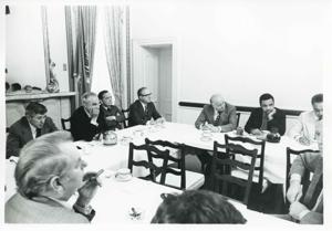 Carl Albert, Robert Strauss, Russell B. Long, Robert C. Byrd, and others at a Democratic leadership conference., 1950-01-01 - 1976-12-31