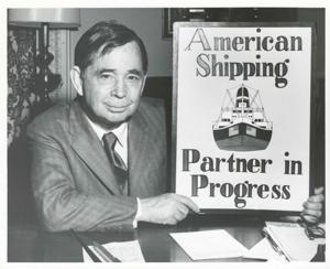 Carl Albert with the winning poster of the 1970 National Maritime Poster Contest designed by Eddie Moore from McAlester, Oklahoma. May 1970, 1970-05-01