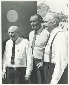 Lyndon B. Johnson, Sam Rayburn, and Robert S. Kerr at a party commemorating the publication of Kerr&#39;s book, Land, Wood and Water. August 1960, 1960-08-01