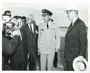 Carl Albert, Lyndon B. Johnson, and others at the dedication of the Eufaula Dam and Reservoir. September 25, 1964, 1964-09-25