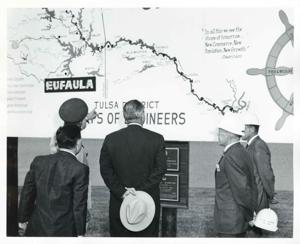 Carl Albert, Lyndon B. Johnson, and others at the dedication of the Eufaula Dam and Reservoir. September 25, 1964, 1964-09-25