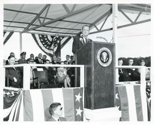 Lyndon B. Johnson speaking at the Eufaula Dam and Reservoir dedication. September 25, 1964, 1964-09-25
