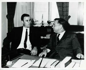 Lake Texoma Association President Harold Haddock and Carl Albert discussing the Red River and Lake Texoma development., 1965-06-11
