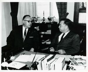 Chamber of Commerce and Agriculture Manager Bob Wright and Carl Albert discussing development of the Arkansas River Basin., 1965-06-11