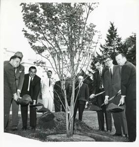 Carl Albert, A. S. Mike Monroney, Fred Harris, Jed Johnson, Jr., Ed Edmondson, Tom Steed, Kerr brothers, and Robert S. Kerr, Jr., at the Kerr Memorial Tree dedication., 1965-06-11