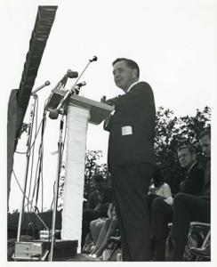 Carl Albert giving a speech at the Talimena Drive dedication. George Nigh and Dewey F. Bartlett are also present. July 1970, 1970-07-01