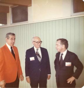 Carl Albert at the Oklahoma State Fairgrounds. He was giving a speech at the Energy Program. Ray Trent is also present. September 29, 1973, 1973-09-29