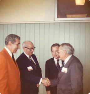 Carl Albert at the Oklahoma State Fairgrounds. He was giving a speech at the Energy Program. Ray Trent is also present. September 29, 1973, 1973-09-29