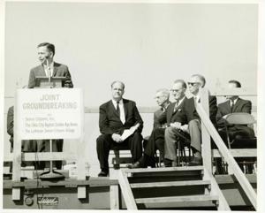 Carl Albert driving a tractor at the Senior Citizens Housing groundbreaking ceremony. Oklahoma City. September 21, 1963, 1950-01-01 - 1976-12-31