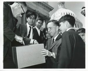Carl Albert with an unidentified group in Tuskahoma, Oklahoma. Labor Day, 1967, 1967-09-04