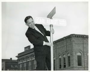 Mary Albert standing at the dedication of the Carl Albert Parkway in McAlester, Oklahoma. Carl Albert, David Albert, and Mary Frances Albert are also pictured., 1950-01-01 - 1976-12-31