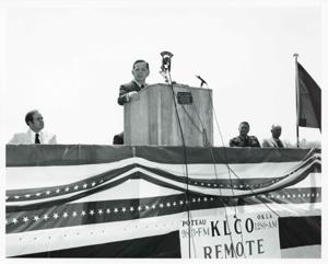 Port Carl Albert dedication. Carl Albert is holding a plaque. May 27, 1972, 1972-05-27