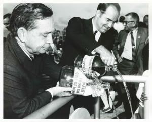 Carl Albert, Lyndon B. Johnson, Lady Bird Johnson, Ed Edmondson, and Grayce Kerr with others at the dedications of the W. D. Mayo and Robert S. Kerr locks and dams on October 24, 1970, 1970-10-24