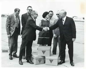 G. L. Thompson presenting several items of surplus aviation equipment to Elmer King, Ground School instructor, Southeastern State College, Durant, Oklahoma., 1950-01-01 - 1976-12-31