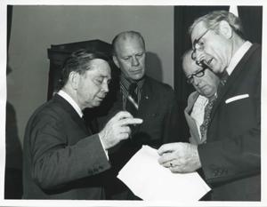 Presentation of $80,000 to Carl Albert for murals in Capitol. Fred Swengel and Gerald R. Ford are also present., 1950-01-01 - 1976-12-31