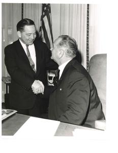 Bipartisan leadership meeting at the White House, President Nixon (center background) and Gerald Ford (left background). June 2, 1972, 1972-06-02