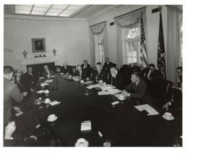 John F. Kennedy handing Michael J. Kirwan the pen with which he signed the National Aquarium Bill. October 9, 1962, 1962-10-09