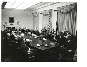 Lyndon B. Johnson and Hubert Humphrey with the House and Senate leadership. February 1965 Also pictured are George Aiken, Carl Albert, Hale Boggs, Everett M. Dirksen, Charles Halleck, Carl Hayden, Hubert H. Humphrey, Mike Mansfield, John. W. McCormack, and Robert S. McNamara., 1965-02-01