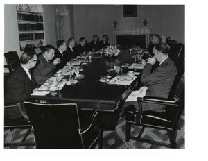 Lyndon B. Johnson, Hubert Humphrey, John W. McCormack, Carl Albert, Hale Boggs, Carl Hayden, Lawrence F. O&#39;Brien and Mike Mansfield at a breakfast meeting. December 3, 1963, 1963-12-03