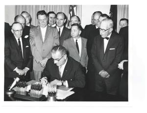 Lyndon B. Johnson, Hubert Humphrey, John W. McCormack, Carl Albert, Hale Boggs, Carl Hayden, Lawrence F. O&#39;Brien and Mike Mansfield at a breakfast meeting. December 3, 1963, 1963-12-03