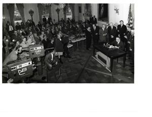 Carl Albert and John W. McCormack in a receiving line. Lyndon B. Johnson is there., 1950-01-01 - 1976-12-31