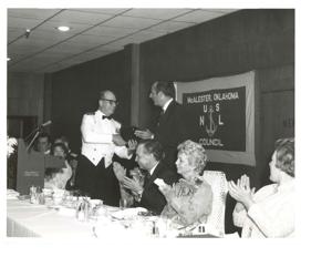 Armed Forces Day in McAlester, Oklahoma on May 15, 1976 Carl Albert giving speech at USNL dinner., 1976-05-15