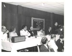 Armed Forces Day in McAlester, Oklahoma on May 15, 1976 Carl Albert giving speech at USNL dinner., 1976-05-15