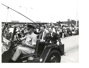 Head and shoulders shot of Carl Albert at Armed Forces Day in McAlester, Oklahoma., 1976-05-15