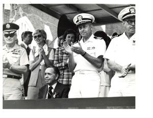 Carl Albert and military officers on a speaker&#39;s platform on Armed Forces Day. McAlester, Oklahoma. May 15, 1976, 1976-05-15