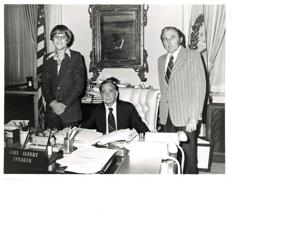 Carl Albert with James Wagonseller (National Commander of the American Legion), June 12, 1975 in Speaker&#39;s office., 1975-06-12