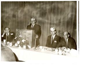 Carl Albert at an Oklahoma DAV Convention, 1970 With unidentified men at dinner. Man on right side of photo is D.A.V. Representative  Paul Freeman, 1970-01-01 - 1970-12-31