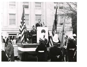 Carl Albert speaking at an outdoor American Legion event., 1950-01-01 - 1976-12-31