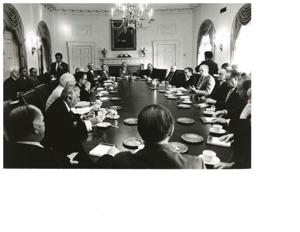 Carl Albert speaking with Hugh Scott, James O. Eastland, Gerald R. Ford, Mike Mansfield, and Robert C. Byrd. Bipartisan meeting. August 20, 1974, 1974-08-20