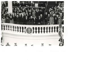 James Schlesinger, John McFall, James O. Eastland, Carl Albert, Gerald R. Ford, Mike Mansfield, Hugh Scott, John Rhodes, Peter Rodino, and others at the White House Bipartisan meeting. September 16, 1974, 1974-09-16
