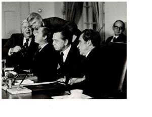 Richard M. Nixon after giving his State of the Union address. Carl Albert is also pictured., 1950-01-01 - 1976-12-31