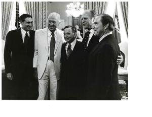 Carl Albert and others sitting in the House chamber, 1950-01-01 - 1976-12-31
