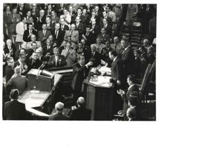 Group of men in the House chamber. Carl Albert, Gerald Ford, and Richard M. Nixon are pictured., 1950-01-01 - 1976-12-31