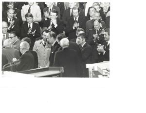 Group of men in the House chamber. Carl Albert, Gerald Ford, and Richard M. Nixon are pictured., 1950-01-01 - 1976-12-31
