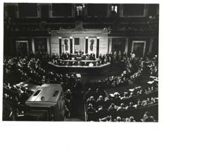 Group of men, including Carl Albert, in the House chamber., 1950-01-01 - 1976-12-31