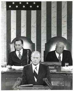 Joint session of Congress. John W. McCormack, Carl Hayden, and Carl Albert are shown., 1950-01-01 - 1976-12-31