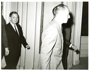 Gerald R. Ford standing at the speaker&#39;s podium. Carl Albert and James O. Eastland applauding behind him. Joint Session of Congress., 1950-01-01 - 1976-12-31