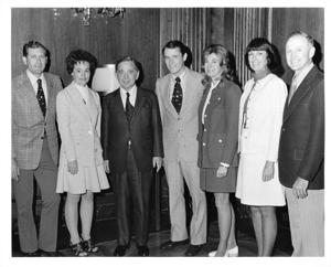 Reception following a retreat review honoring Army veterans of the 87th Congress. From left: W. J. Bryan Dorn (South Carolina), J. Glenn Beall (Maryland) Olin Teague (Texas), Carl Albert, and Secretary of the Army Elvis Stahr. June 4, 1961, 1961-06-04