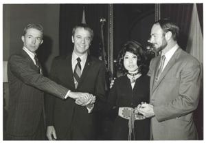 Carl Albert with astronauts Roosa, Alan B. Shepard, Edwin? Mitchell. Albert staff members Tamara Kitchens and Sue Thompson in photos 3728-2729 and 3733, 1950-01-01 - 1976-12-31