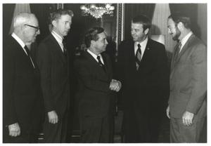 Carl Albert with astronauts Roosa, Alan B. Shepard, Edwin? Mitchell. Albert staff members Tamara Kitchens and Sue Thompson in photos 3728-2729 and 3733, 1950-01-01 - 1976-12-31